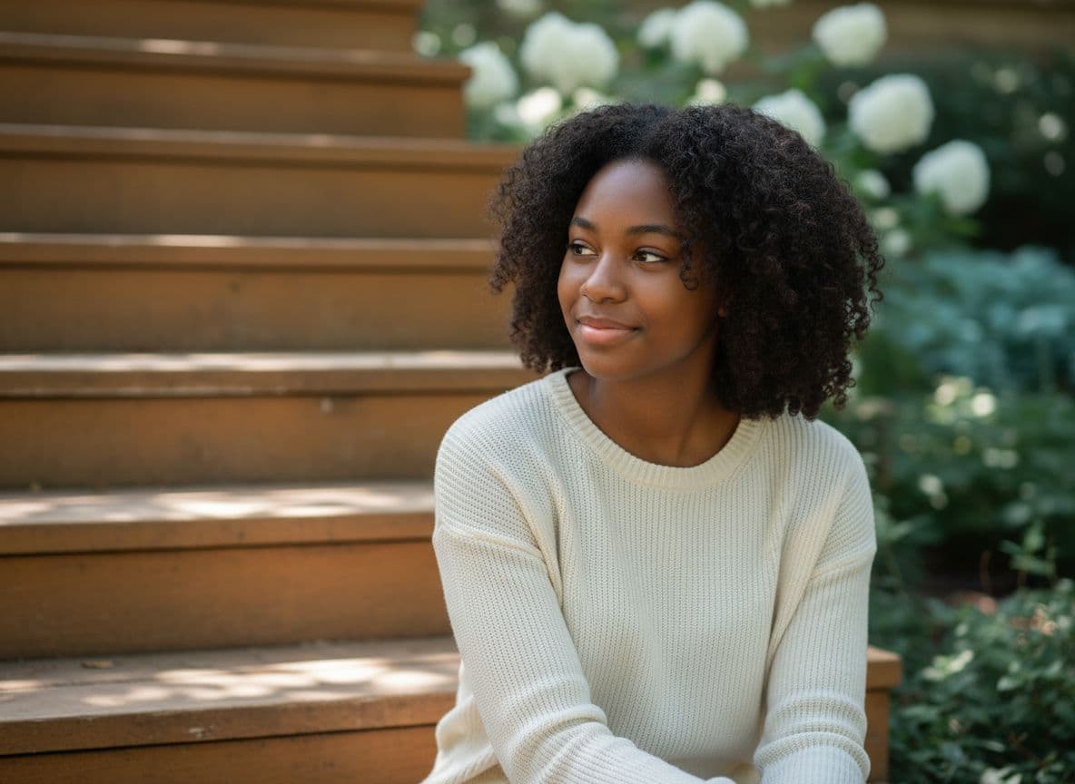 A teen pausing on the steps, sunlit and quiet
